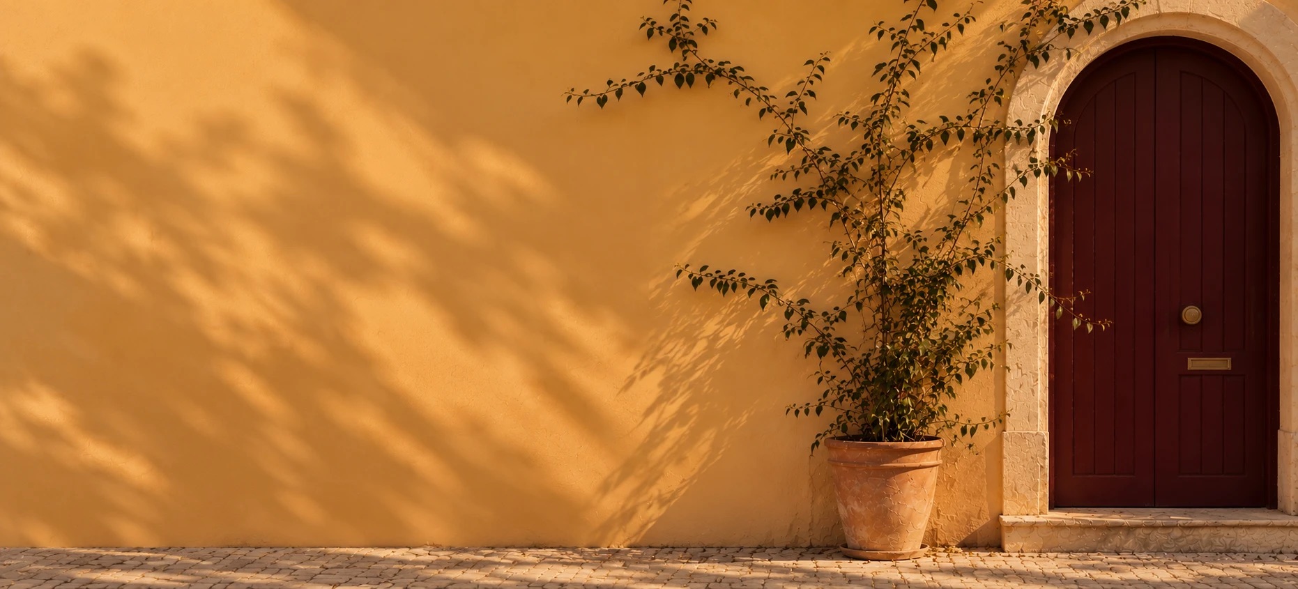 A burgundy arched door in a warm golden wall, with a bare climbing plant in a terracotta pot beside it